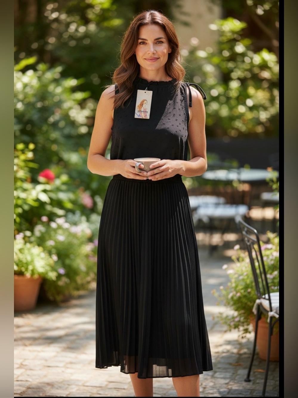 Pretty Garden Women's Small‎ Black Swiss Dot Pleat Maxi Dress Keyhole Semi Sheer